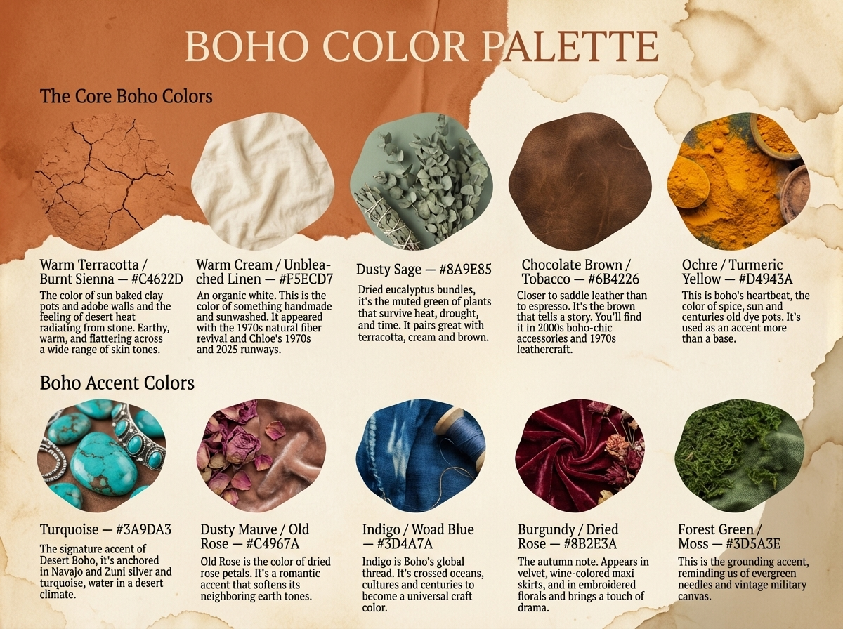 bohemian color palette swatches with hex codes terracotta sage cream ochre brown turquoise