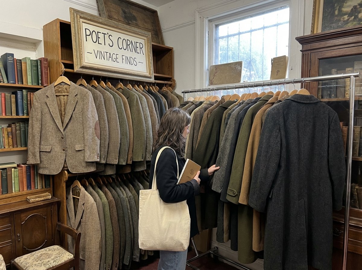 Vintage tweed blazers and wool coats at thrift store for poetcore wardrobe building