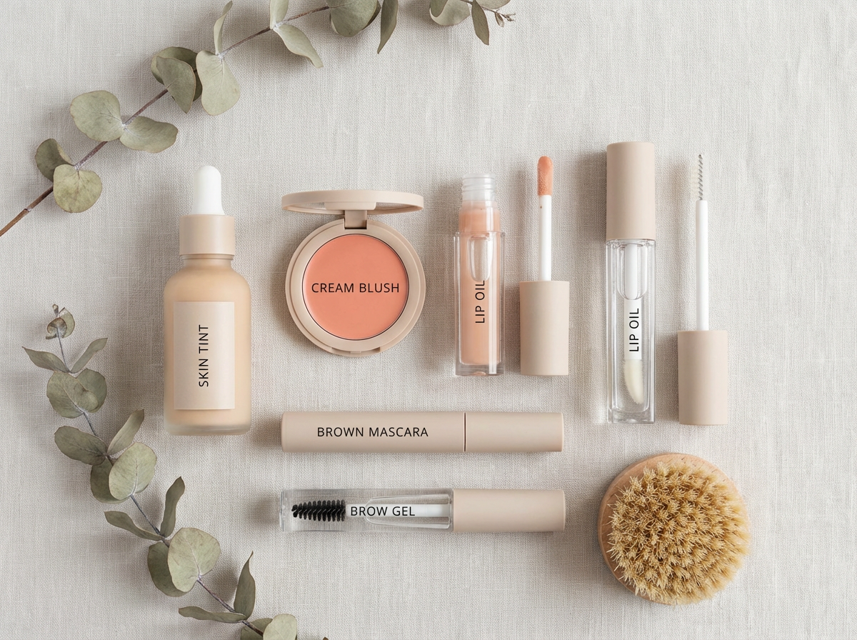 Clean girl aesthetic beauty products including skin tint cream blush lip oil brown mascara and brow gel