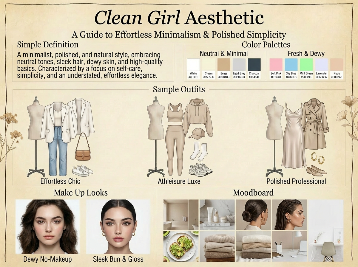 Clean Girl aesthetic spring outfits featuring neutral minimalist pieces, sleek styling, and effortless elegance