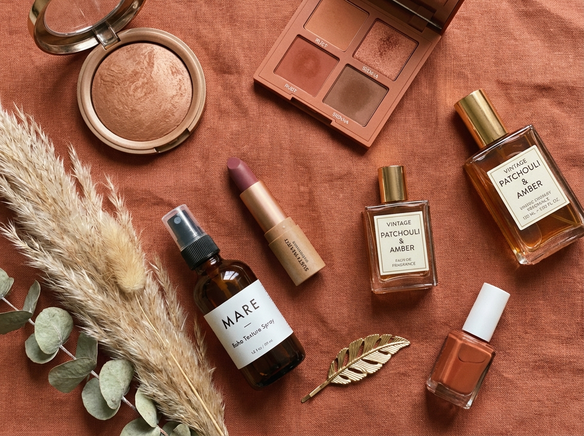 boho beauty flat lay bronzer terracotta eyeshadow patchouli fragrance sea salt spray gold accessories