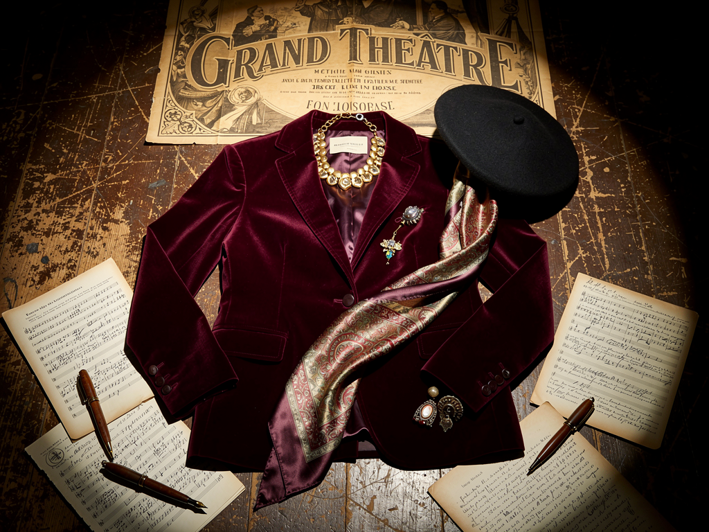 Theatre academia aesthetic with dramatic velvet blazer flowing scarf statement jewelry and theatrical styling