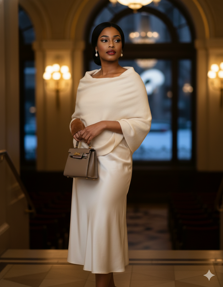 Stepping into the winter wonderland, but make it *chic*! ❄️ Obsessed with this classic moment: creamy cashmere wrap, elegant satin midi, and those perfect pearl drops. Ready for an evening out, feeling cozy & glam even with the snow peeking through t