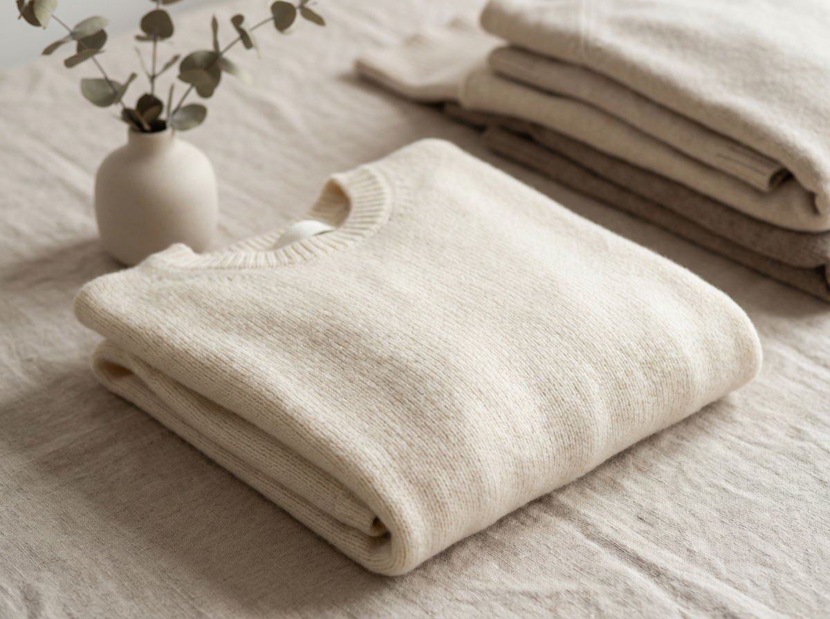 Cream cashmere sweater folded on neutral background, luxury Clean Girl capsule wardrobe piece