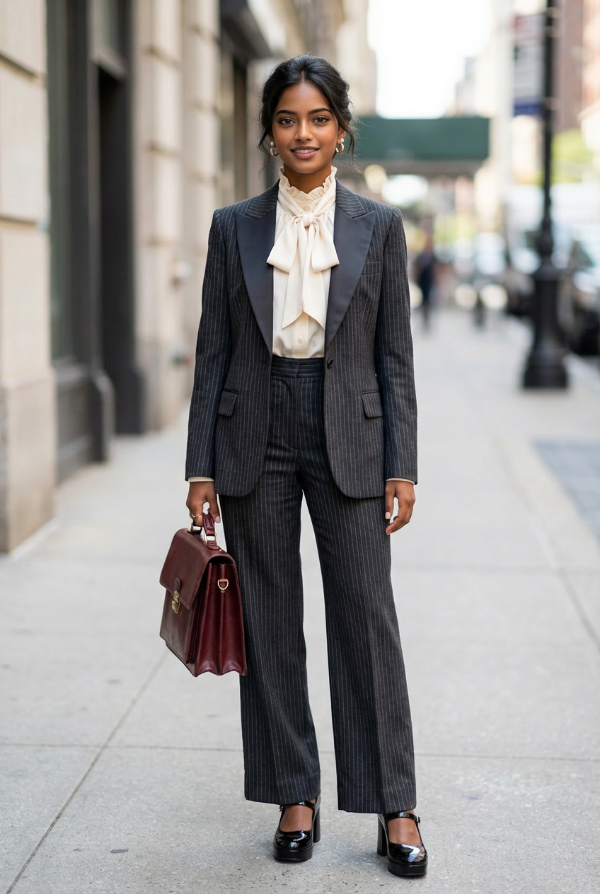 Wearable pinstripe suit with pussy bow blouse and platform Mary Janes for professional office wear