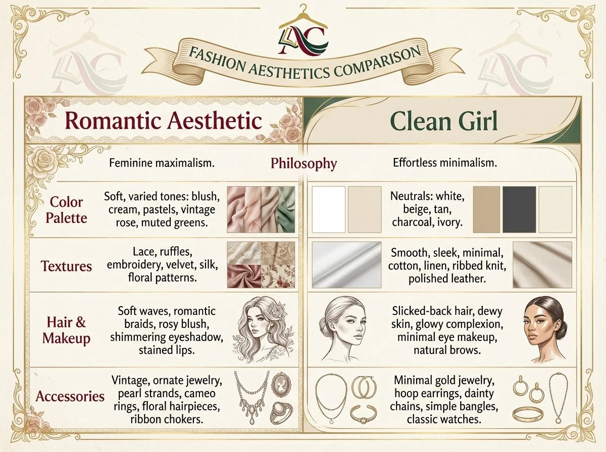 Comparison of Romantic aesthetic's maximalist femininity versus Clean Girl's minimalist approach to spring fashion