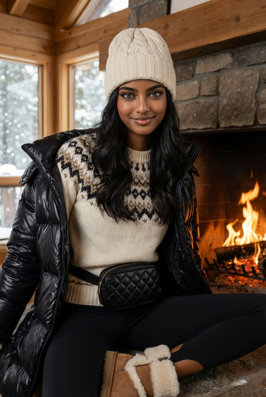 Cocoa by the lodge fire: cream Fair Isle under glossy black puffer, stirrup leggings, shearling boots; quilted belt bag, cable beanie; stone fireplace, cedar beams, snow through window.