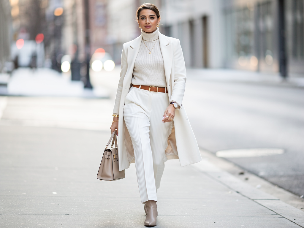 Woman walking on city street in stylish white outfit with a coat, turtleneck, and striped pants, carrying a beige handbag.