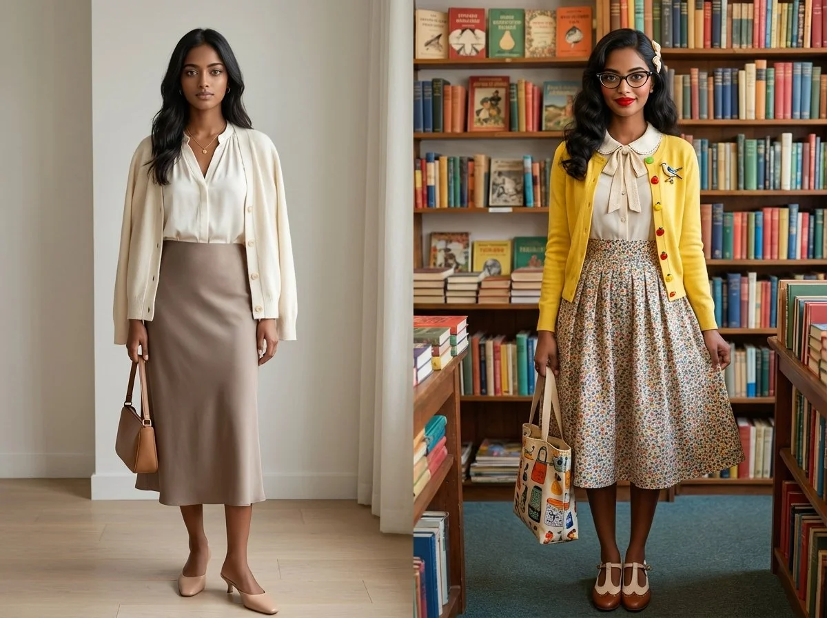 Feminine romantic vs twee aesthetic comparison showing elegant restraint versus quirky whimsical styling with novelty details