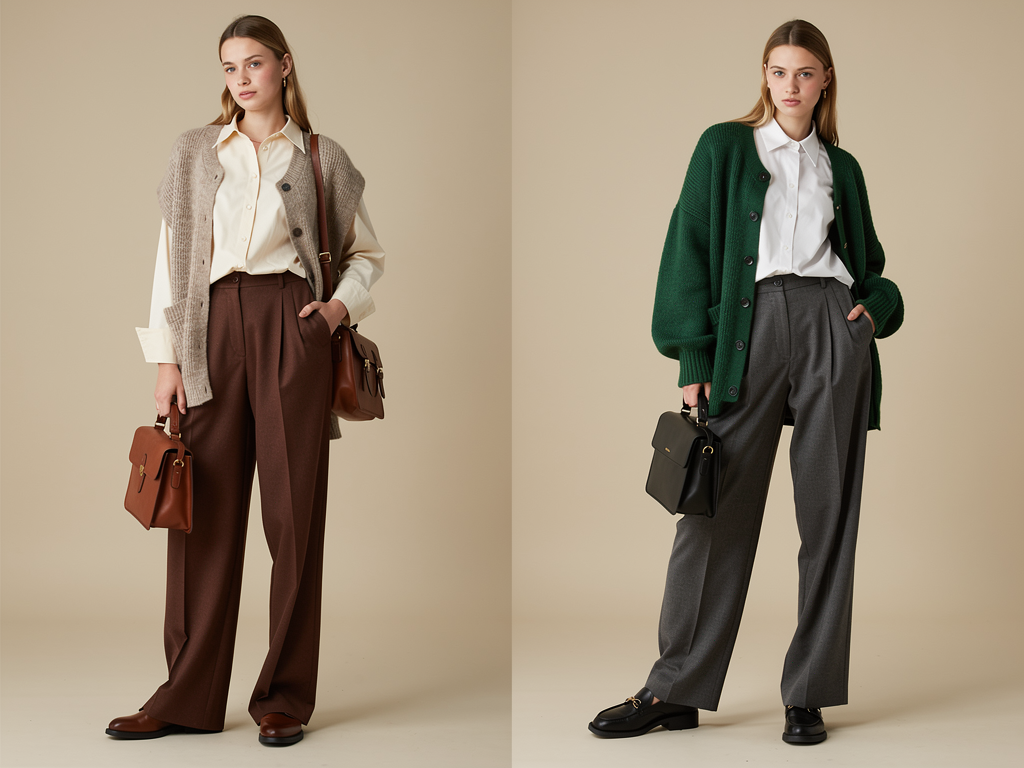 Dark academia student scholar outfit with button-down pleated trousers oversized vest and oxford shoes