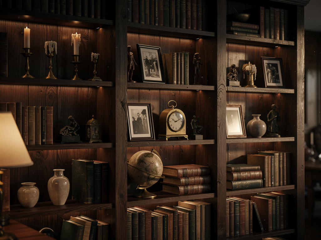 Dark academia home decor floor-to-ceiling bookshelves with vintage books and academic objects