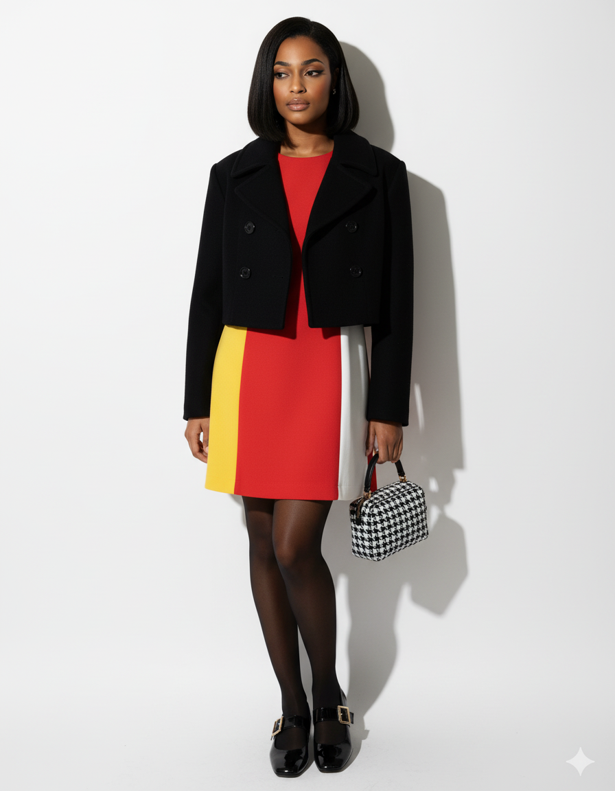That color-blocked mini dress with the cropped pea coat? 
A whole vibe! And can we talk about the houndstooth bag? 
Giving major winter chic energy. Who's ready to bring back the '60s flair?