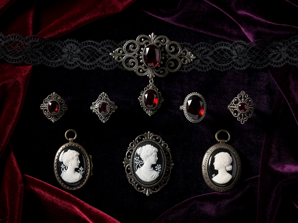 Vamp romantic jewelry collection including gothic chokers Victorian rings cameo necklaces and romantic accessories