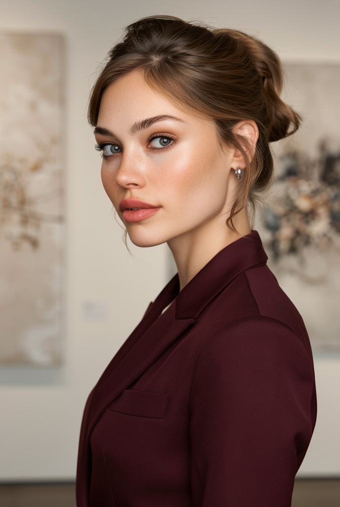 A young woman with light skin, blue eyes, and light brown hair styled in a loose updo, wearing a burgundy blazer and small silver hoop earrings, standing in an art gallery with blurred paintings in the background.