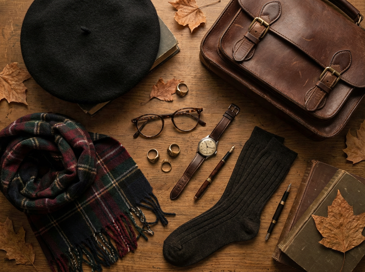 Dark academia accessories including wool beret, plaid scarf, leather satchel, wire-frame glasses, and vintage watch
