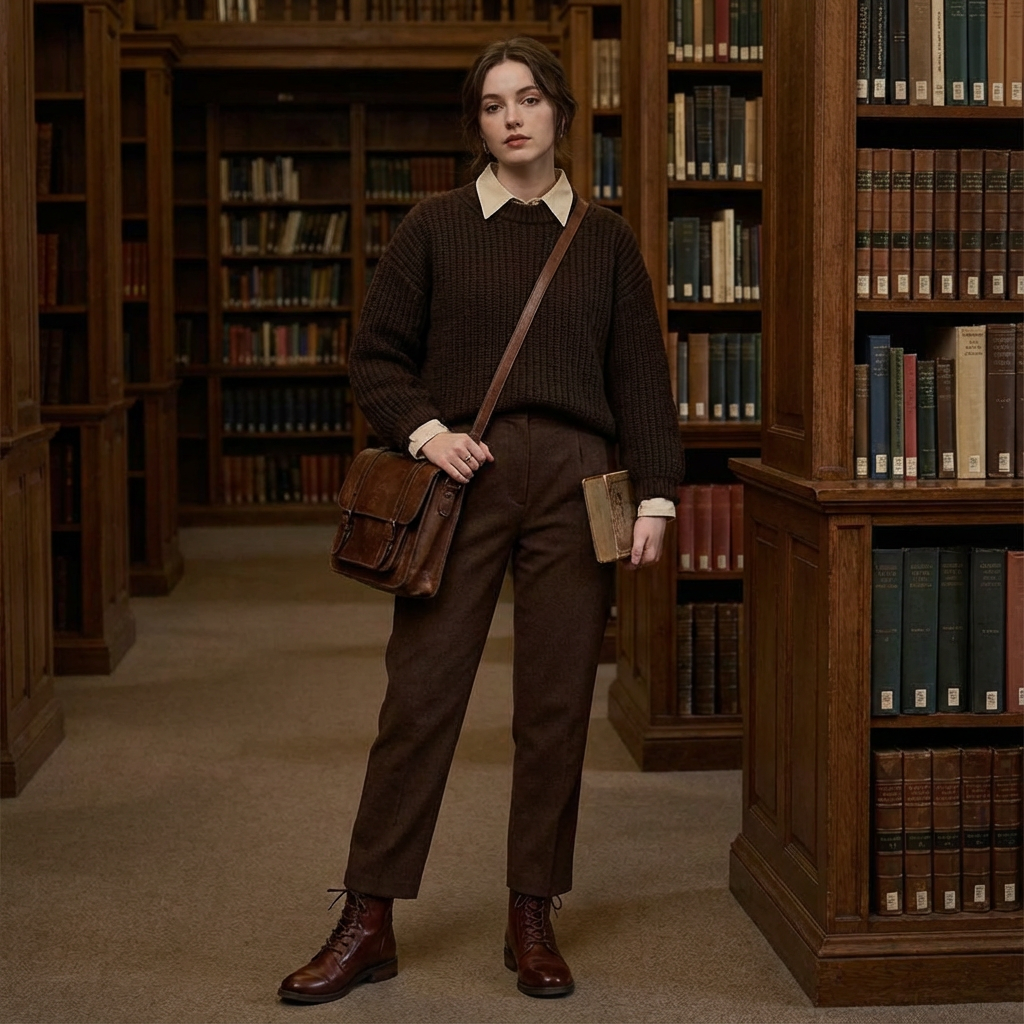 Monochromatic dark academia outfit in brown tones from light cream to deep espresso