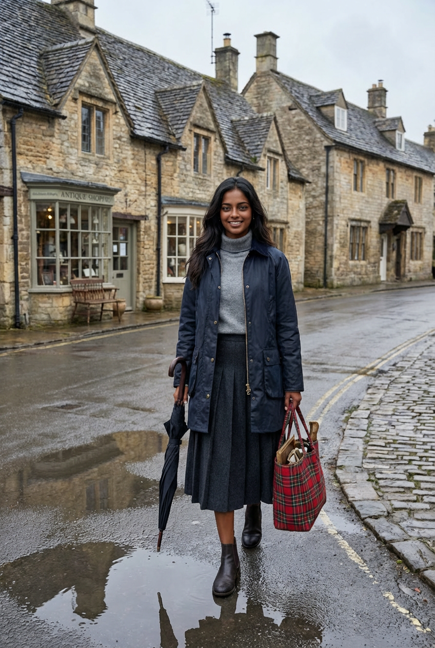 Village antiquing: navy wax mac over pleated wool skirt, roll-neck jumper, Chelsea boots; folded umbrella, plaid tote; slate sky, stone cottages, puddle reflections.