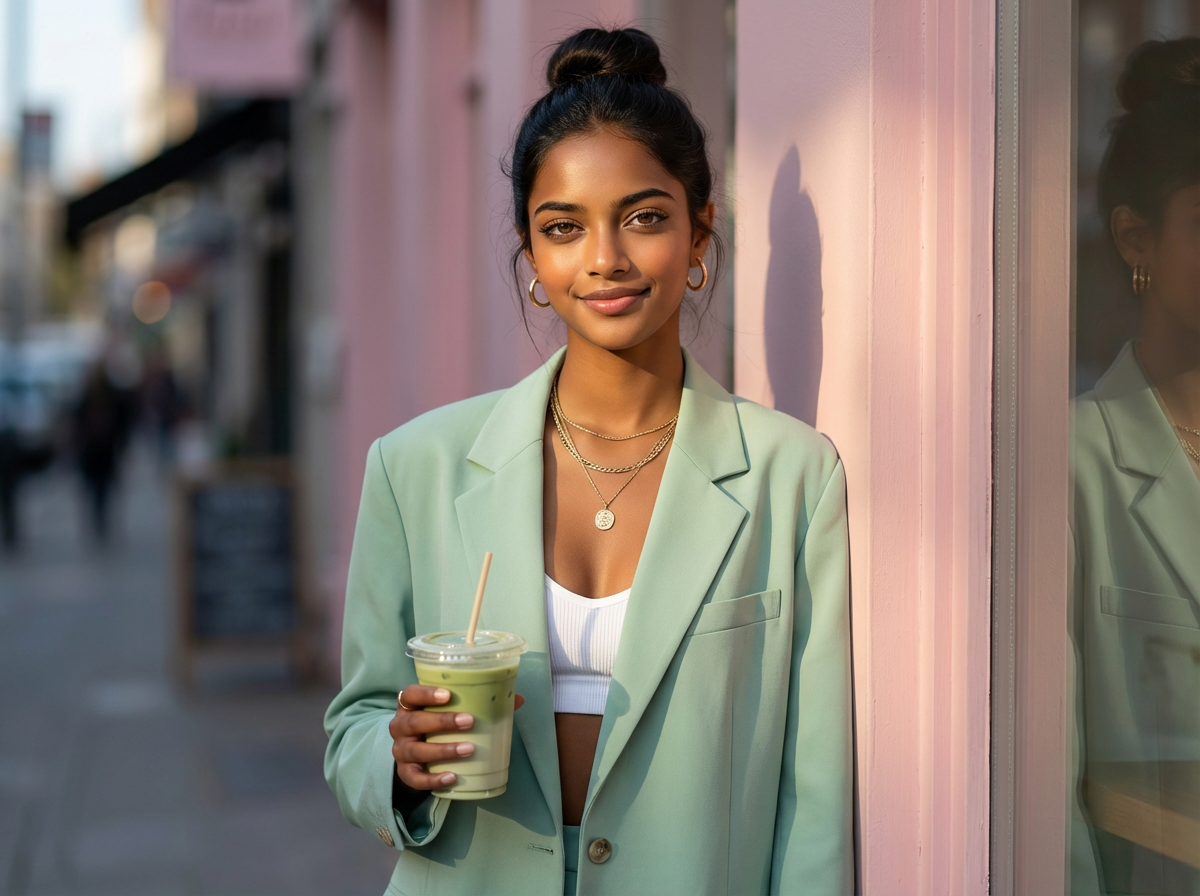 Clean girl aesthetic style featuring slicked back bun, neutral beige athleisure, and dewy no-makeup makeup look