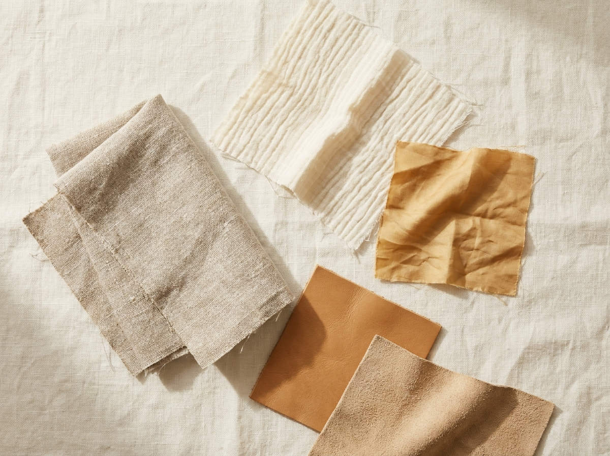 Natural fabric swatches for a boho wardrobe including linen, cotton, silk, and leather arranged on a cream surface