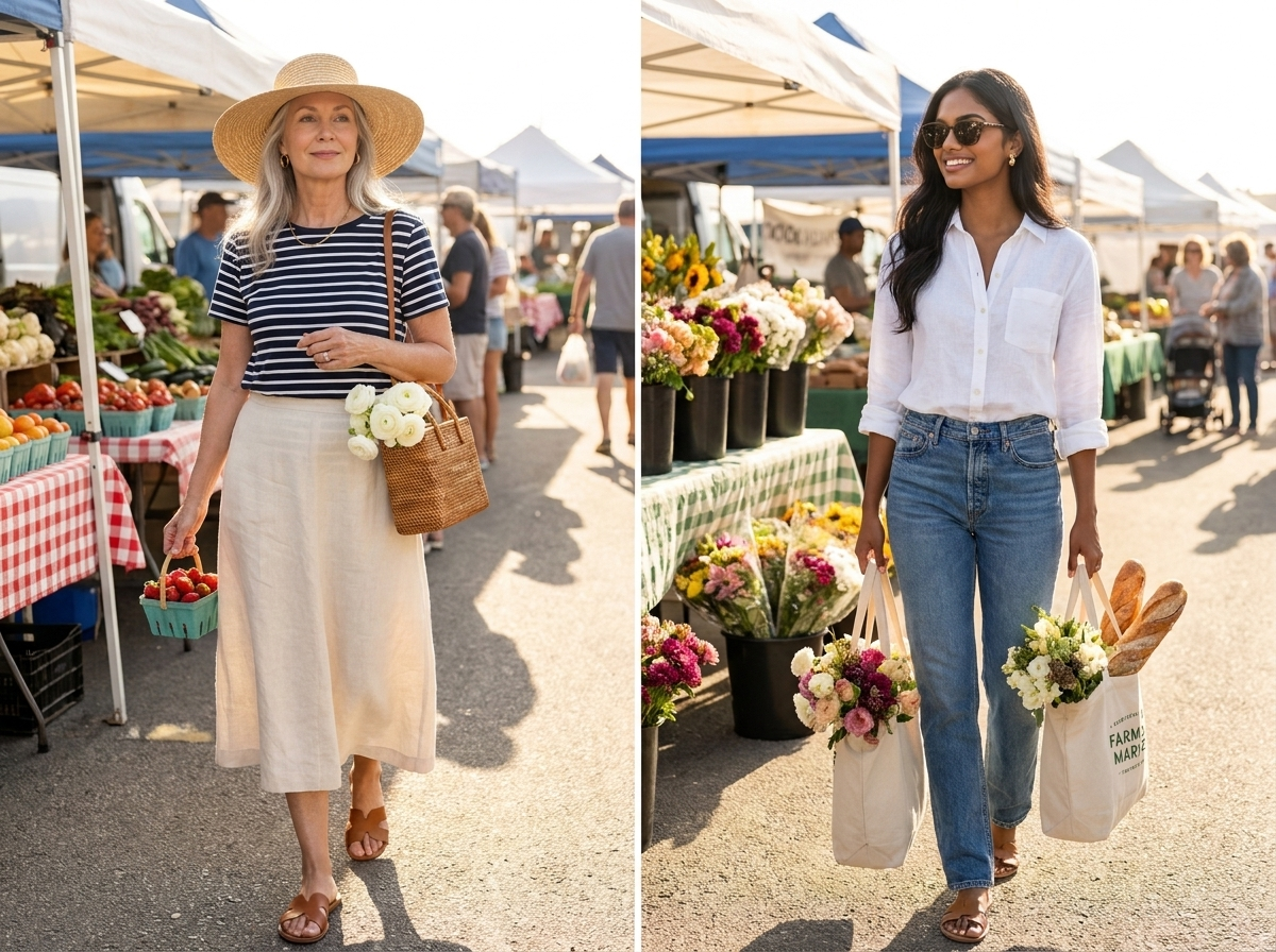 Coastal grandmother farmers market outfit: cream linen midi skirt, navy Breton stripe tee, rattan market bag, straw hat, and flat leather sandals