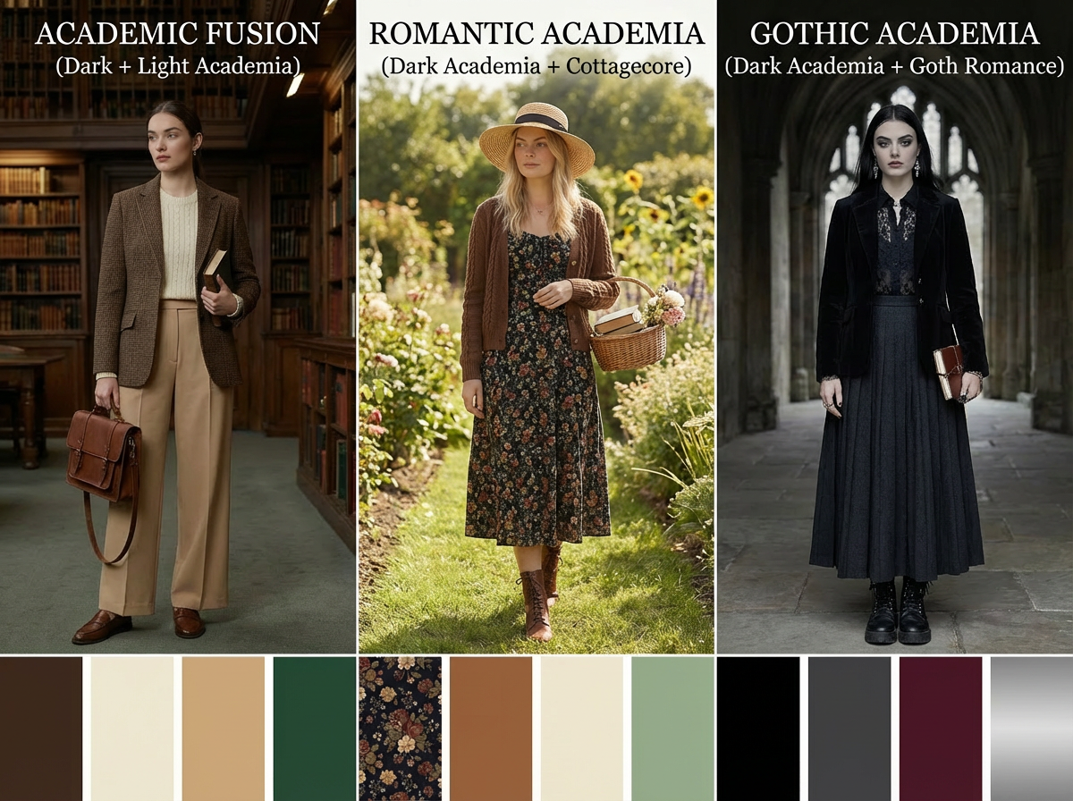 Dark academia aesthetic blending examples showing romantic academia and gothic academia combinations