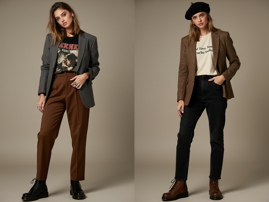 Dark academia poetry reading outfit with vintage tee pleated trousers blazer and Doc Martens