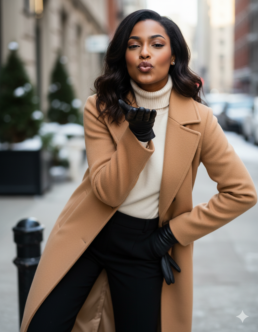 A woman with dark hair, wearing a tan coat, white turtleneck, and black gloves, stands on a city sidewalk blowing a kiss.