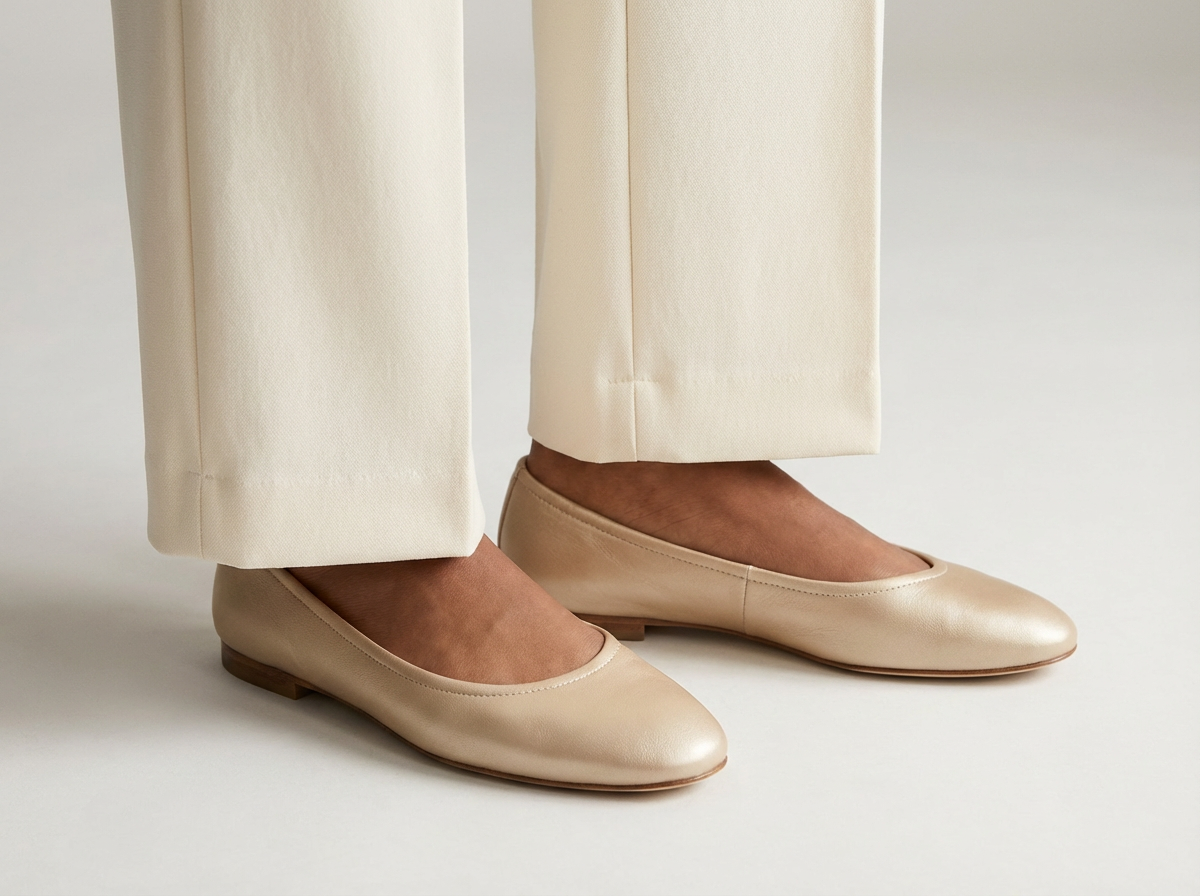Ballet flats styling with wide leg trousers showing refined footwear for romantic aesthetic