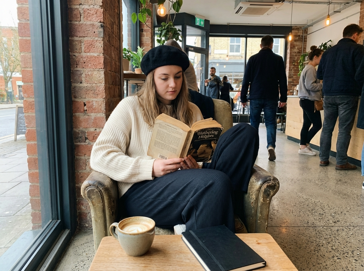 Modern dark academia style outfit with cream sweater and pleated pants while reading in coffee shop