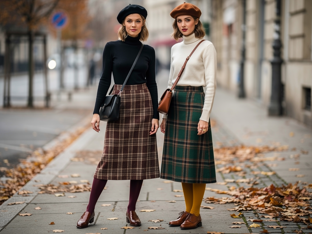 Two women standing on a city sidewalk in autumn, wearing plaid skirts, turtleneck sweaters, berets, and carrying shoulder bags.