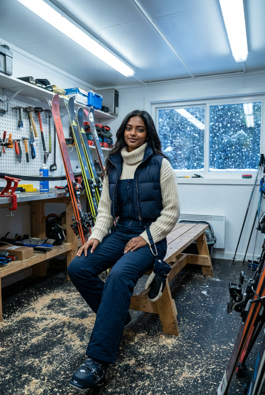 Wax-room pit stop: ski salopette over turtleneck, cropped down gilet, mittens on carabiner; wood bench, ski racks; cool shop lighting, sawdust, falling flakes outside.