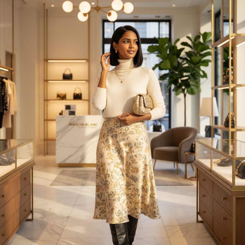 A young woman in winter feminine romantic aesthetic shopping.