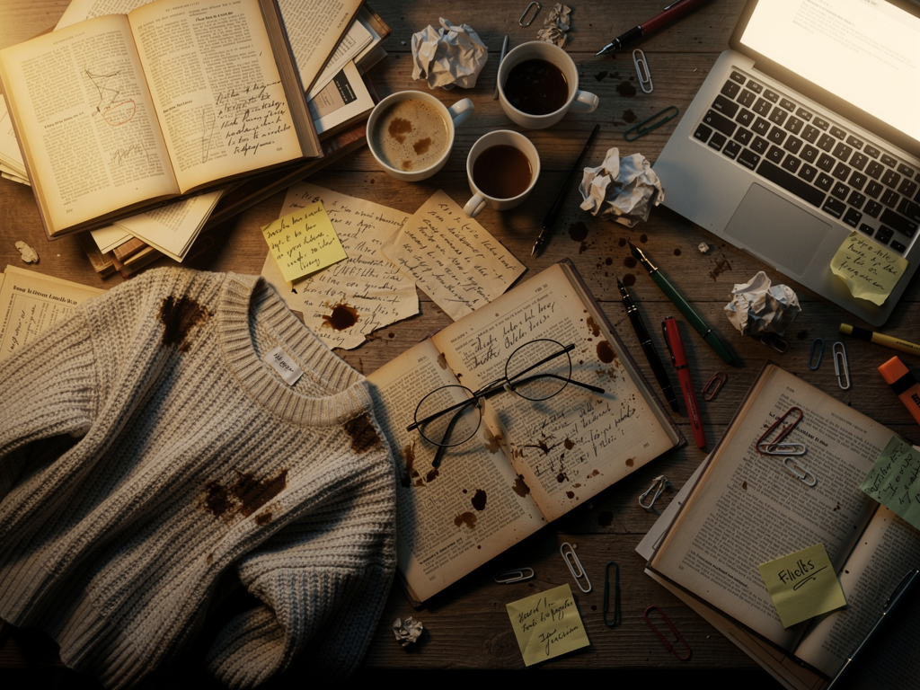 Chaotic academia aesthetic showing messy desk with multiple books coffee cups scattered notes and organized chaos