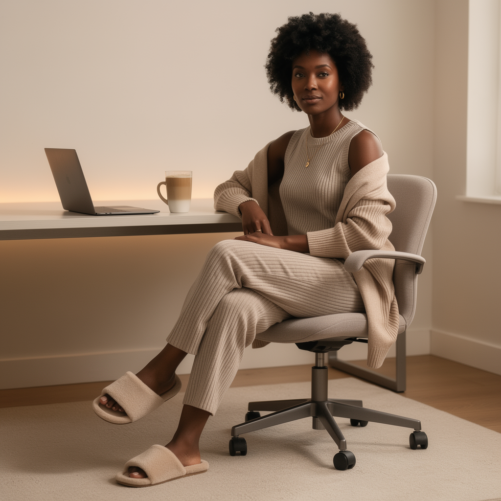 A woman sitting on an office chair at a desk with a laptop and a latte in a beige cup.