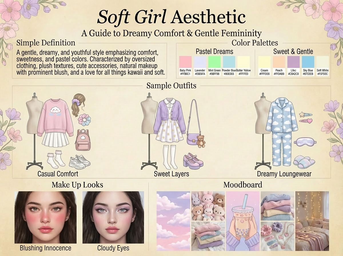 Soft Girl aesthetic spring outfits featuring pastel colors, oversized cardigans, colorful accessories, and youthful trendy styling.