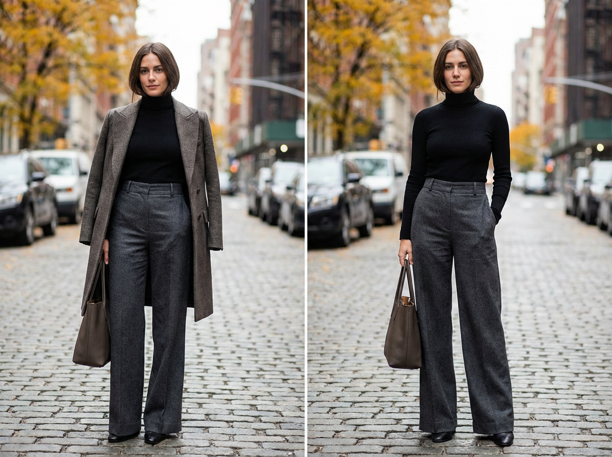 Minimalist outfit proportion balance wide leg trousers with fitted top