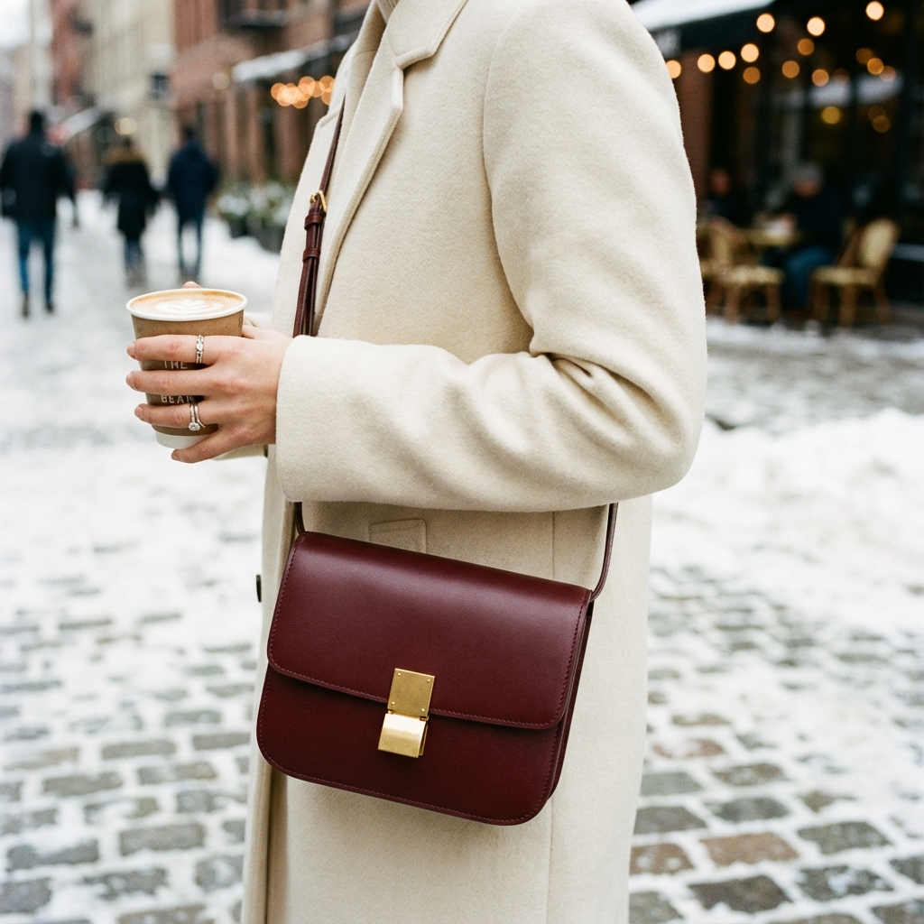 A person wearing a beige coat holding a cup of coffee with snow on the ground. The person has a red handbag with a gold lock and is standing outdoors in a city street setting.