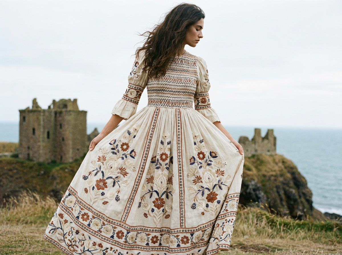 boho maxi dress smocked embroidered natural linen cotton flowing silhouette