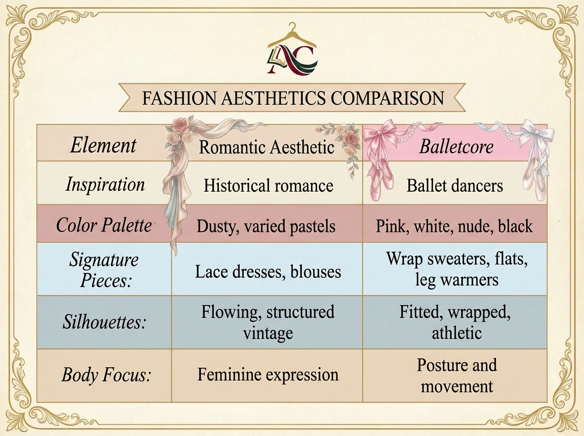 Comparison table detailing differences between Romantic aesthetic and Balletcore in body focus, cultural roots, and styling priorities