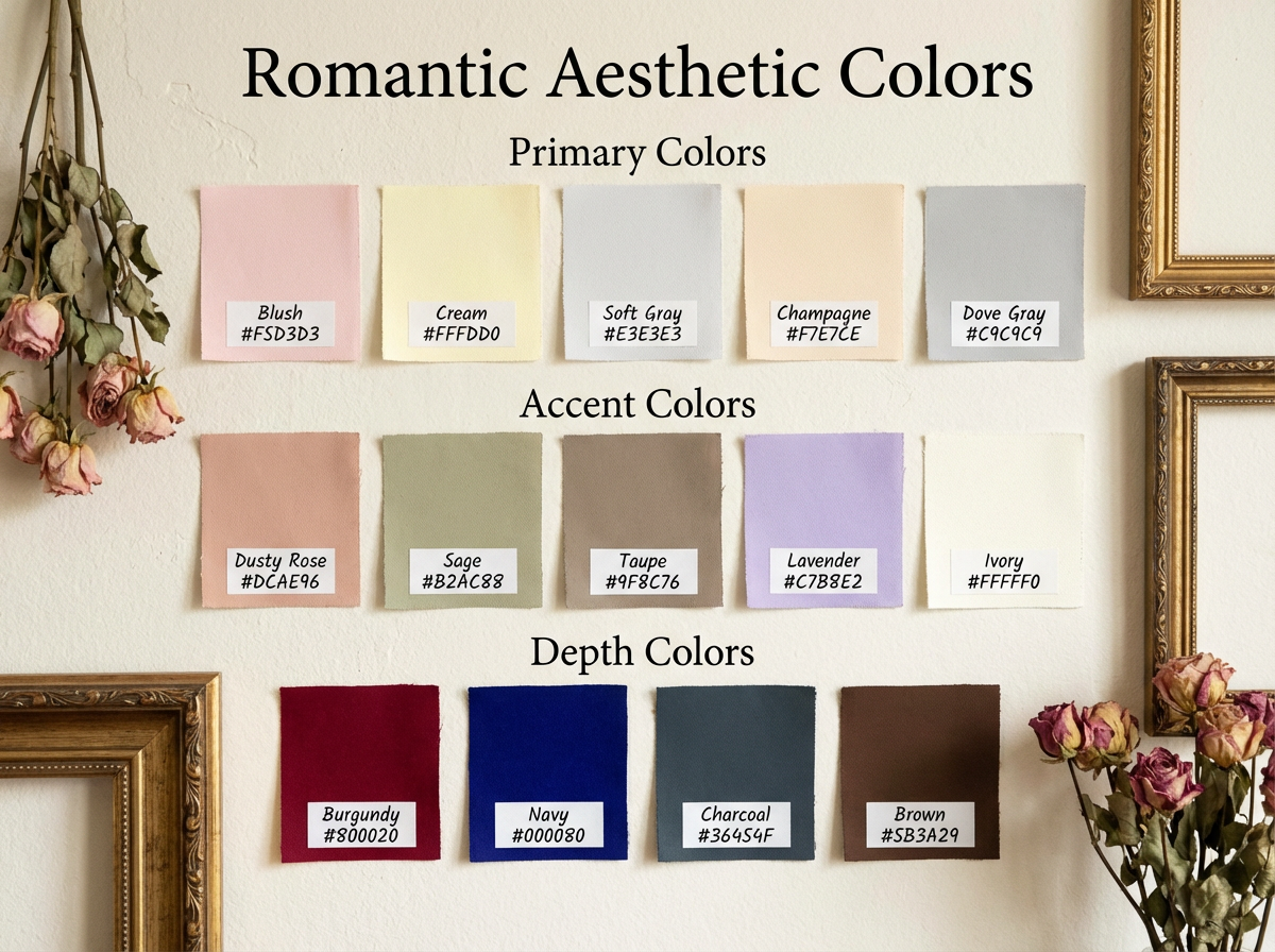 Feminine romantic aesthetic color palette with hex codes showing neutral pastels and soft accent colors