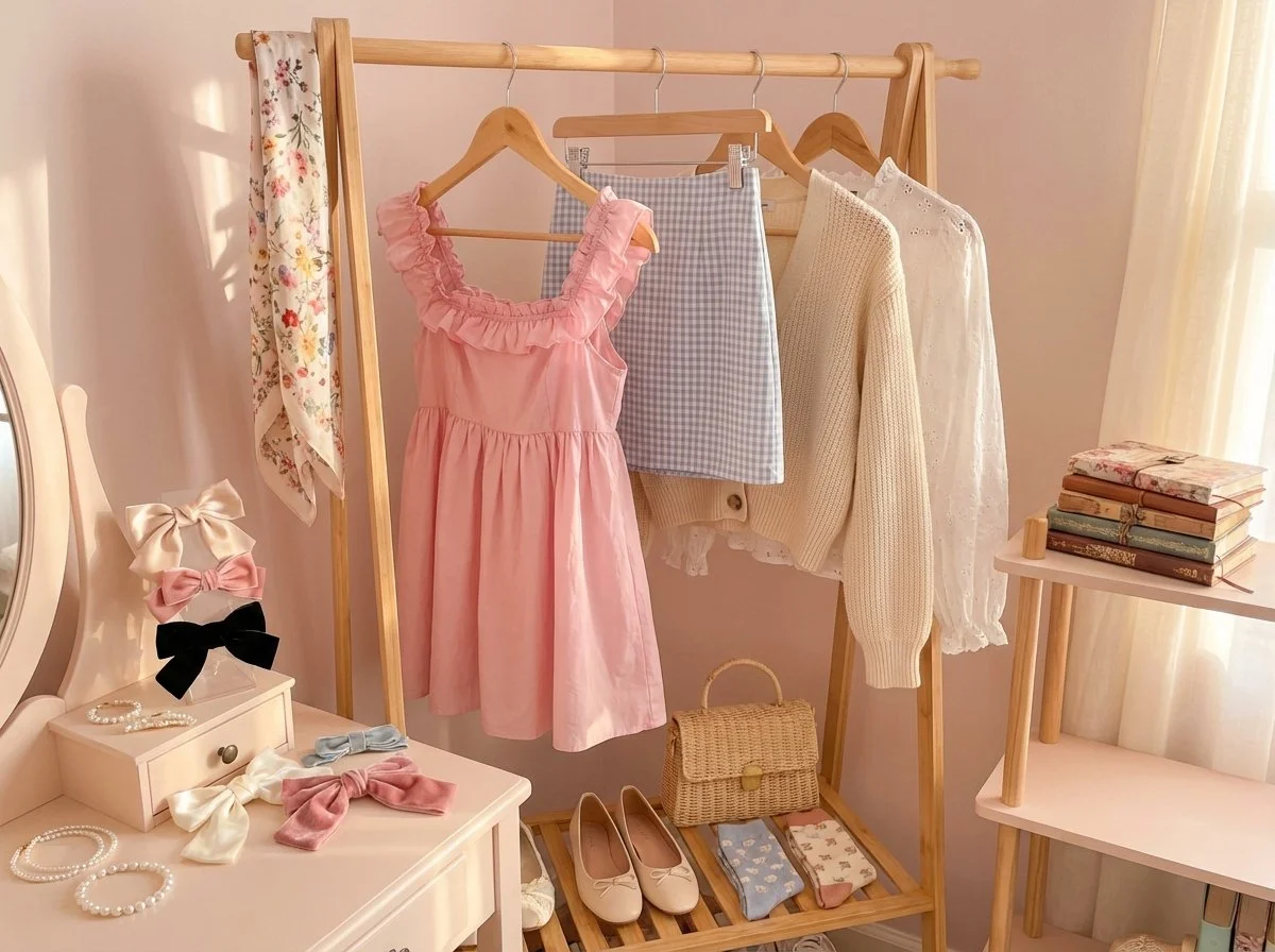 Coquette aesthetic spring capsule wardrobe featuring pink babydoll dress, bow accessories, gingham skirt, and playful feminine pieces