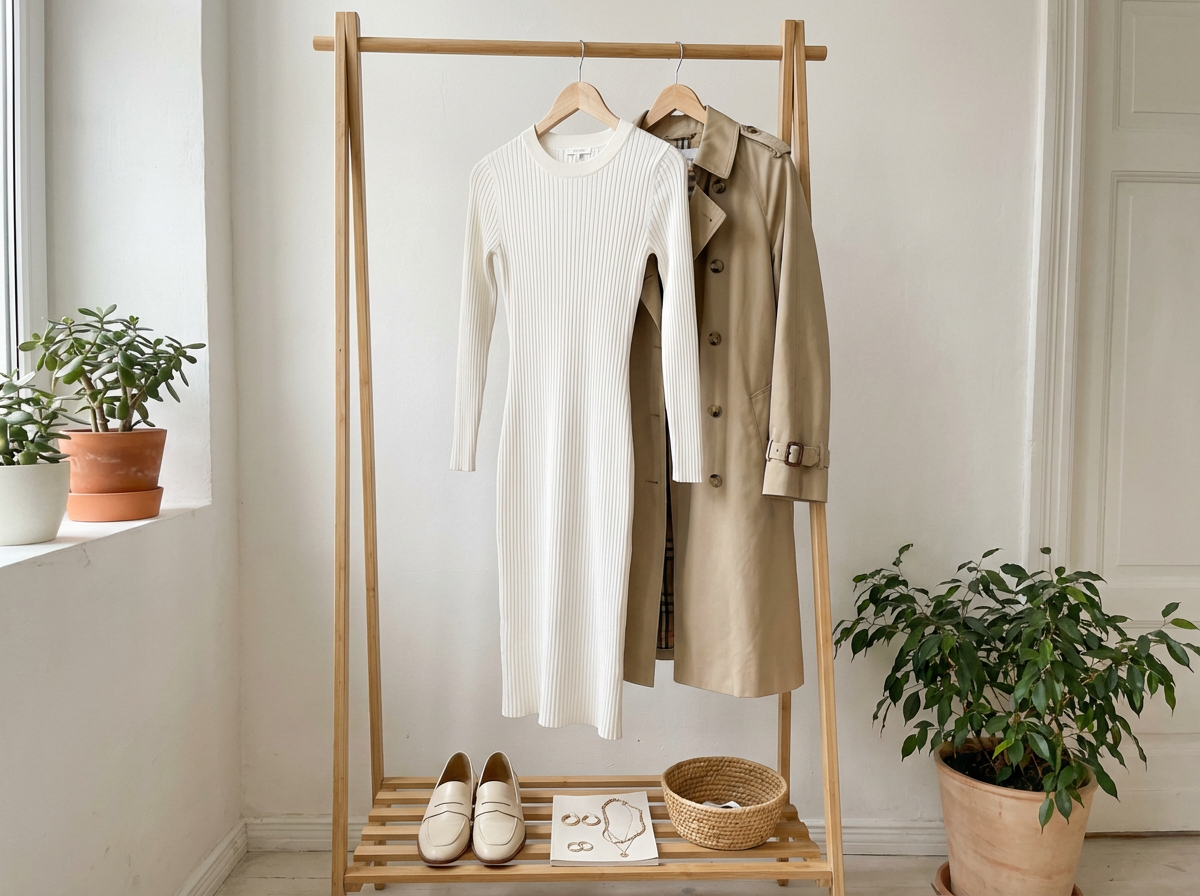Clean Girl aesthetic spring capsule wardrobe with white ribbed dress, beige trench, neutral loafers, and minimal gold jewelry