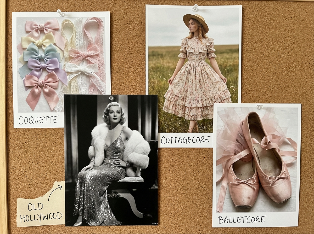 Collage showing coquette aesthetic with bows, cottagecore prairie dress, old Hollywood glamour, and balletcore ballet flats representing hyperfeminine fashion aesthetics