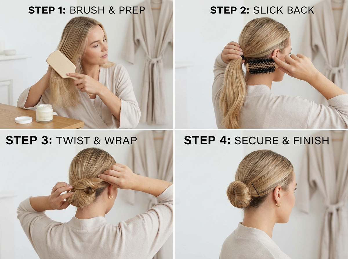 Clean girl aesthetic slicked back bun tutorial showing steps to achieve sleek low bun hairstyle