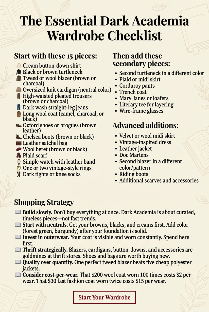 Dark academia wardrobe checklist showing essential pieces, secondary additions, and advanced items