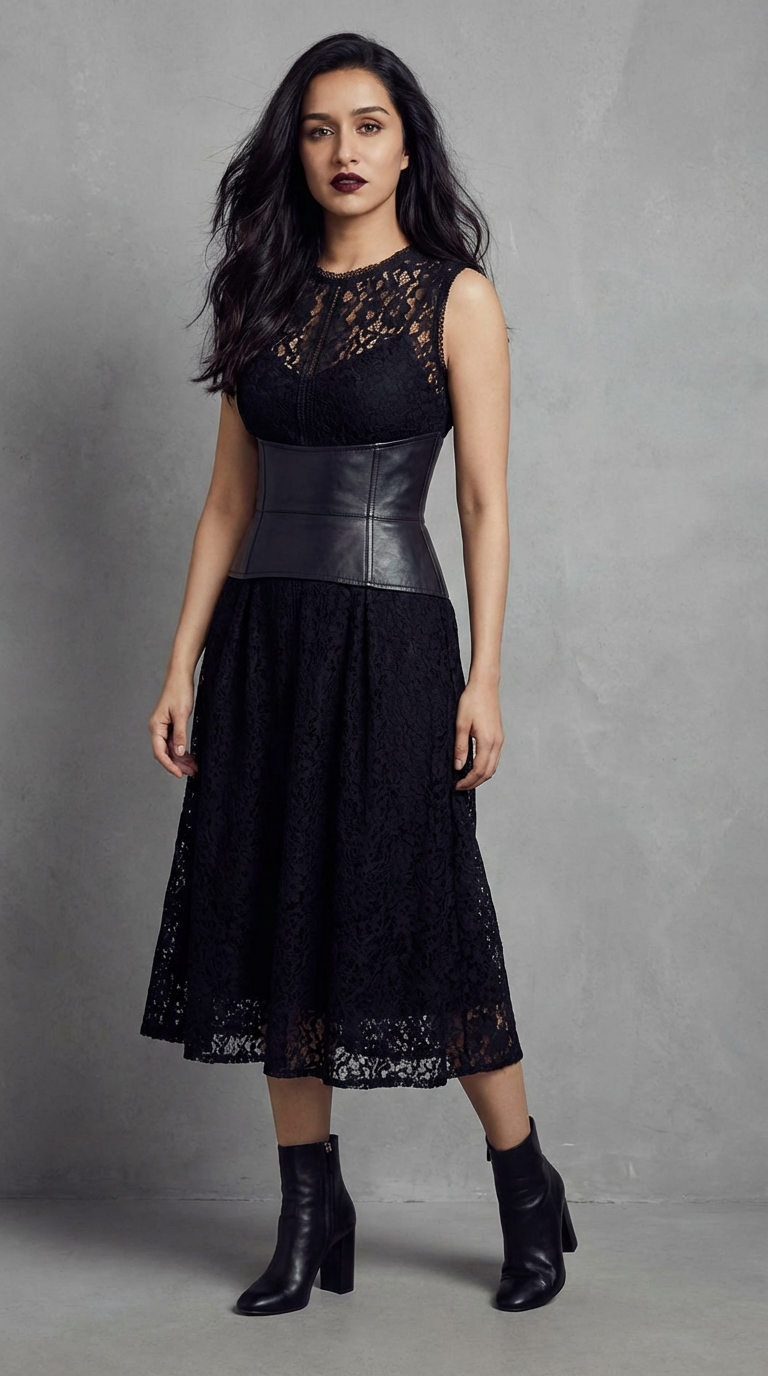 Vamp romantic evening outfit with black velvet dress romantic lace details and vampire glamour maximum drama styling