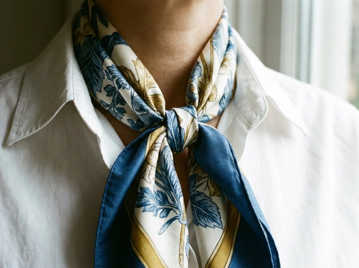 BCBG silk scarf tied at the neck of a white cotton shirt — classic French bourgeois styling