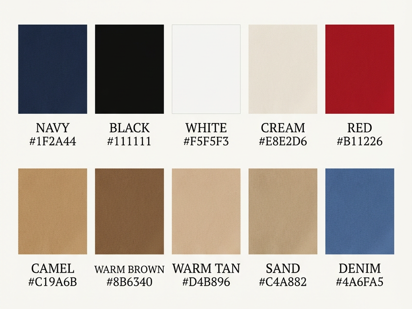 French girl aesthetic color palette with hex codes including navy 1B3A6B, black 111111, white F5F5F3, cream E8E2D6, red B11226, camel C19A6B, and warm brown 8B6340