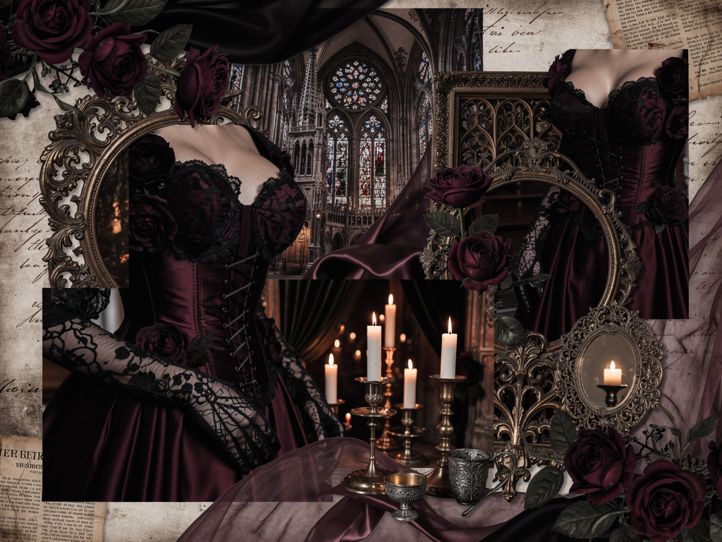 Vamp romantic aesthetic mood board showing gothic romance dark florals Victorian details and candlelight
