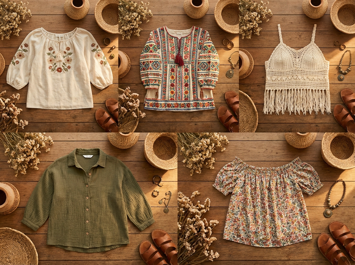 boho tops flat lay peasant blouse embroidered tunic crochet top cotton gauze off shoulder